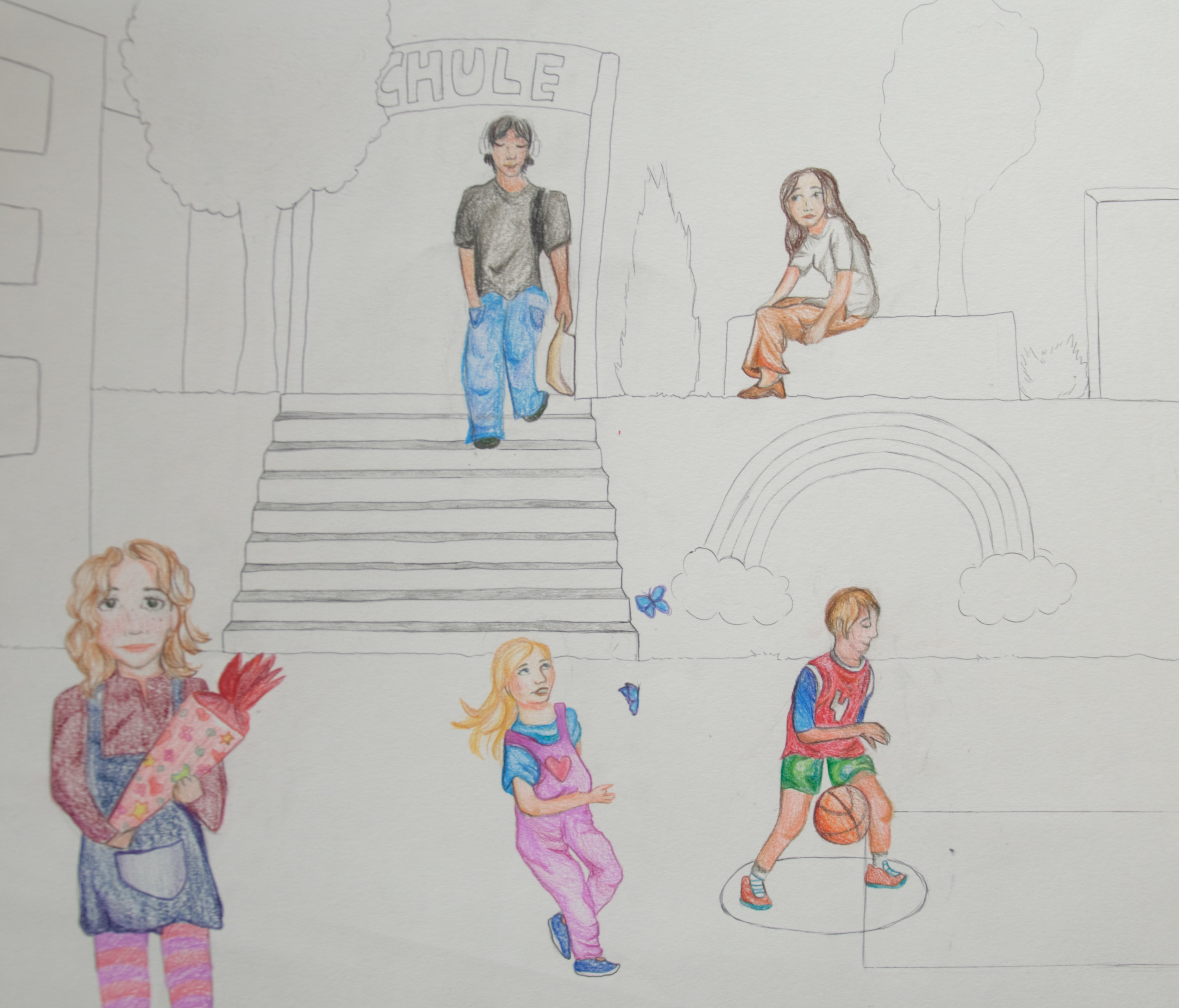 Emily Deckert: Phasen einer Kindheit, 2022. (Buntstift, Fineliner und Bleistift)